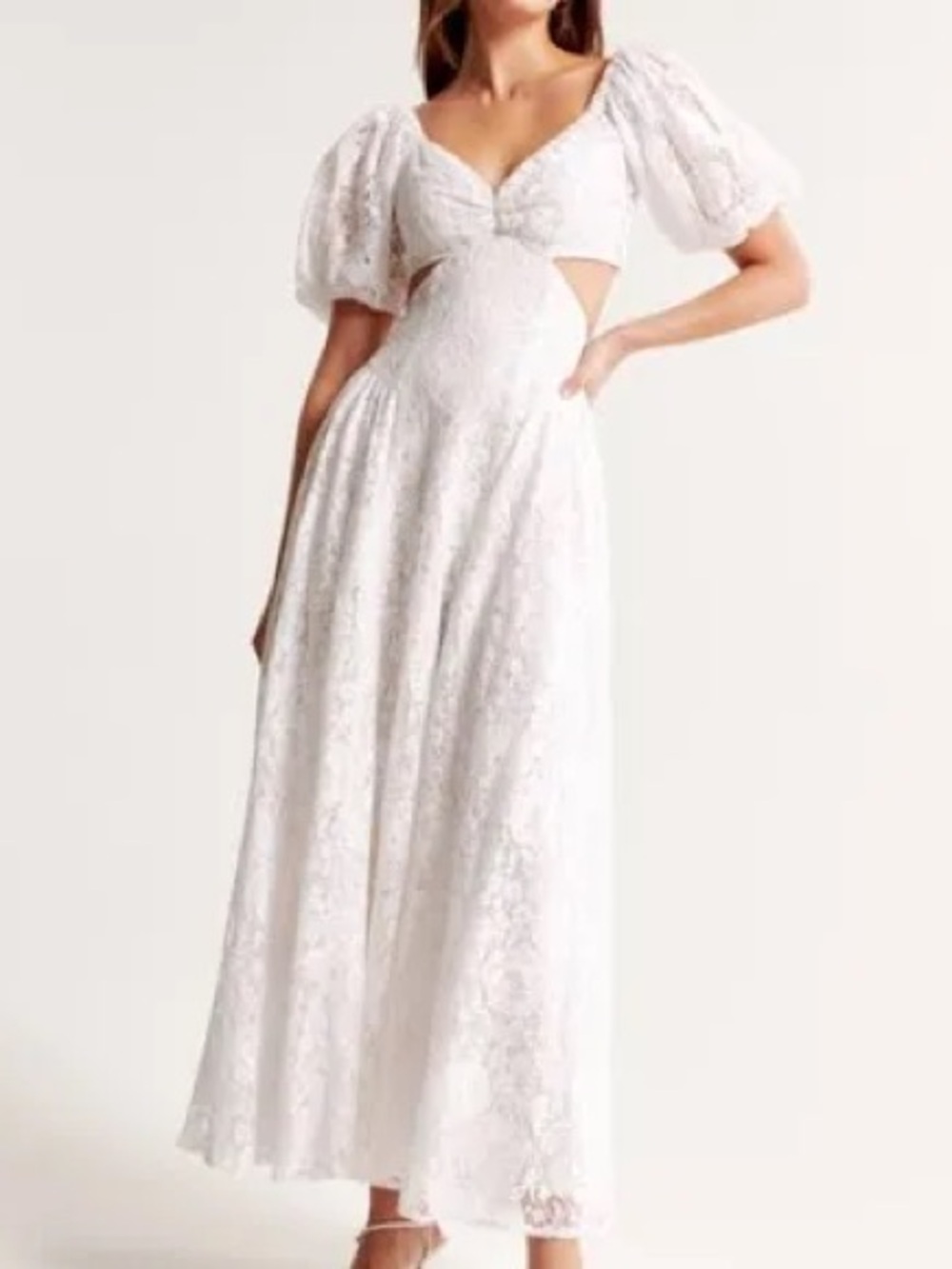 Abercrombie & Fitch White Lace Puff-Sleeve Cutout Maxi Dress